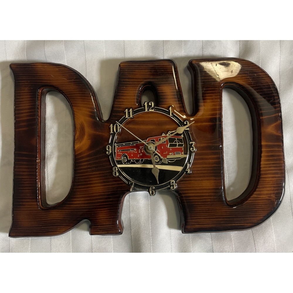 Vintage 80's Hand Carved Wood Clock With Inlaid Fire Truck Man Cave Garage